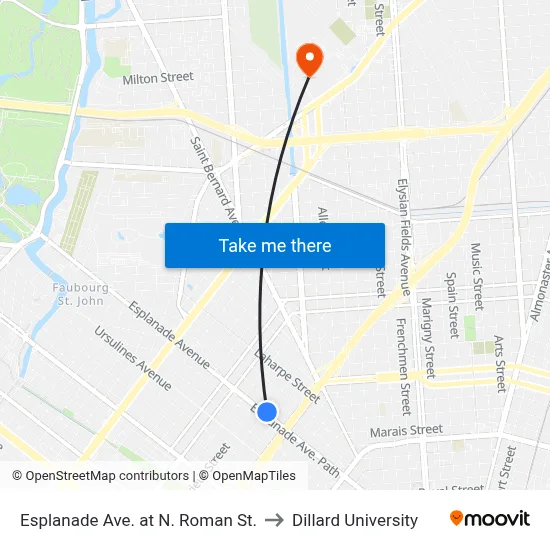 Esplanade Ave. at N. Roman St. to Dillard University map