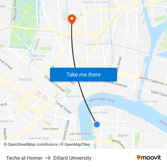 Teche at Homer to Dillard University map