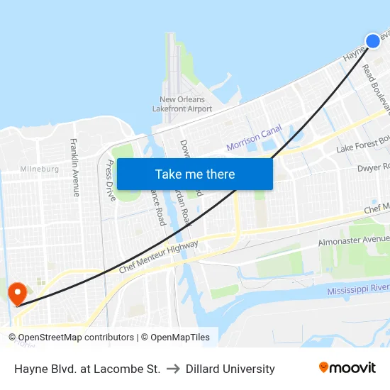 Hayne Blvd. at Lacombe St. to Dillard University map