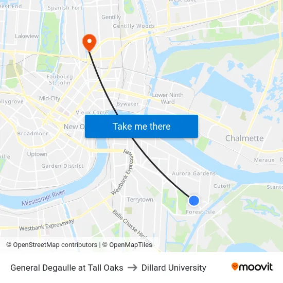 General Degaulle at Tall Oaks to Dillard University map