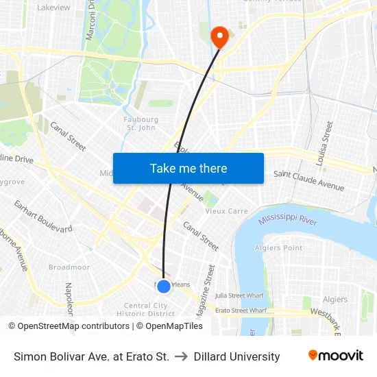 Simon Bolivar Ave. at Erato St. to Dillard University map