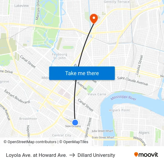 Loyola Ave. at Howard Ave. to Dillard University map