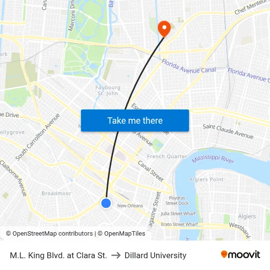 M.L. King Blvd. at Clara St. to Dillard University map