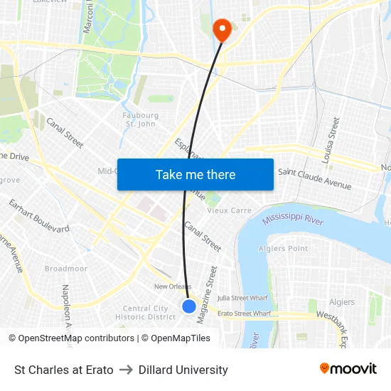 St Charles at Erato to Dillard University map