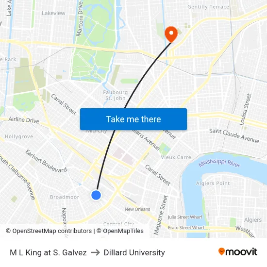 M L King at S. Galvez to Dillard University map