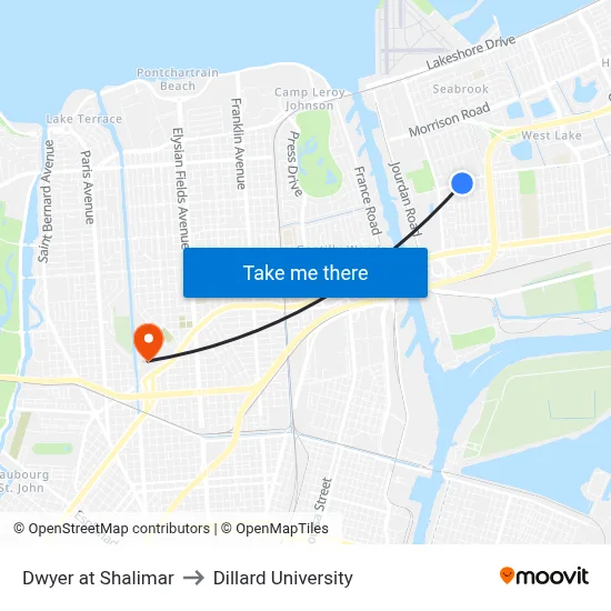 Dwyer at Shalimar to Dillard University map