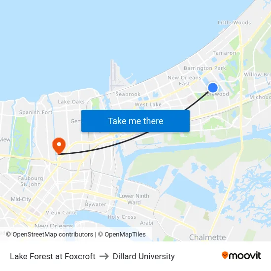 Lake Forest at Foxcroft to Dillard University map