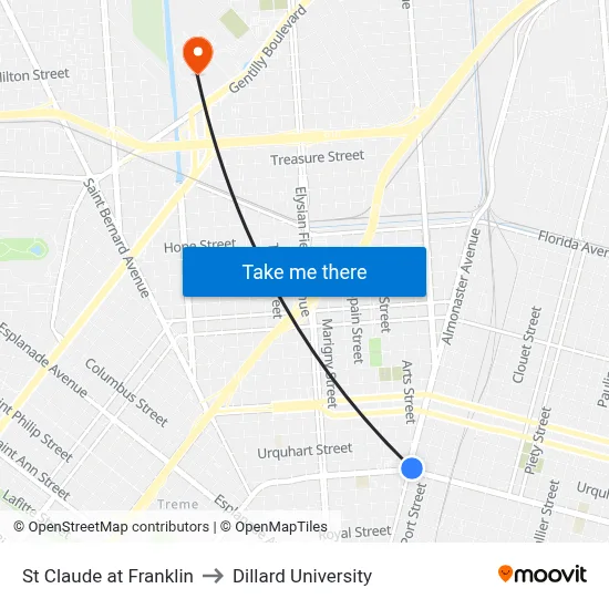 St Claude at Franklin to Dillard University map