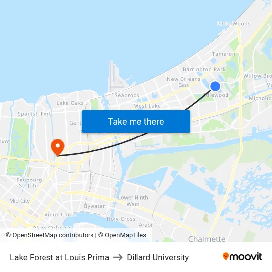 Lake Forest at Louis Prima to Dillard University map