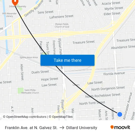 Franklin Ave. at N. Galvez St. to Dillard University map