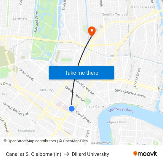 Canal at S. Claiborne (In) to Dillard University map
