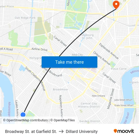 Broadway St. at Garfield St. to Dillard University map