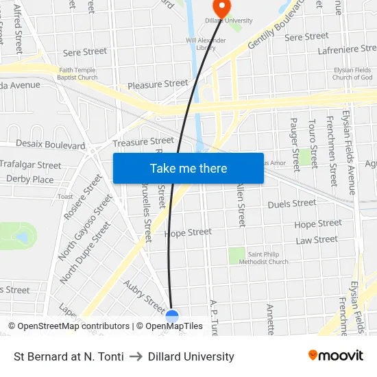 St Bernard at N. Tonti to Dillard University map