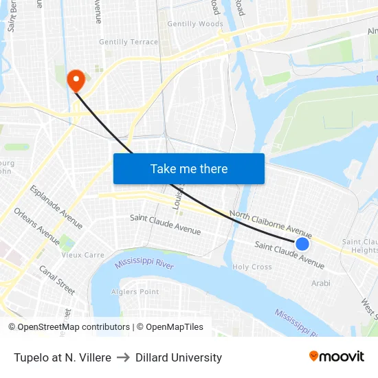 Tupelo at N. Villere to Dillard University map