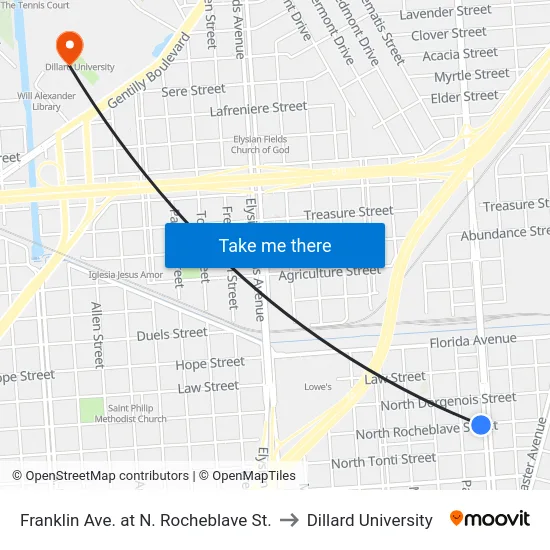 Franklin Ave. at N. Rocheblave St. to Dillard University map