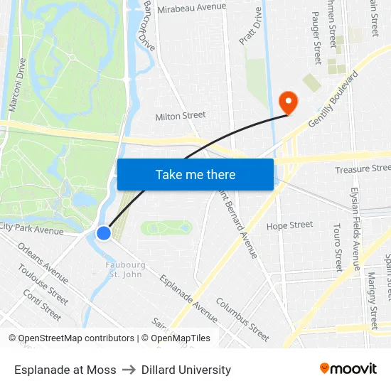 Esplanade at Moss to Dillard University map