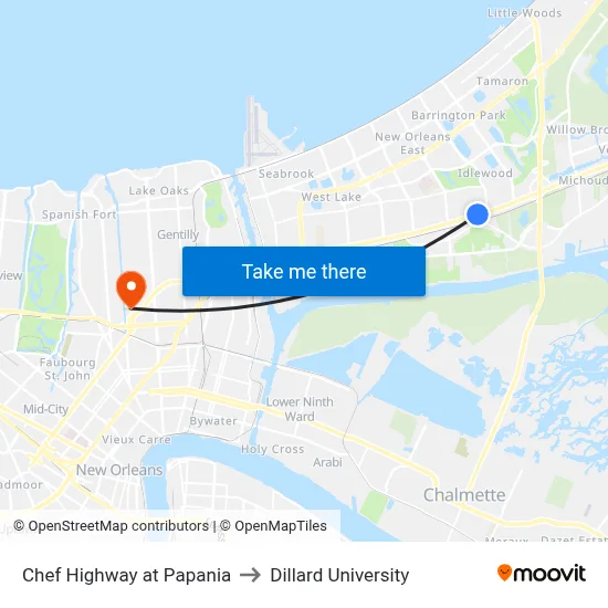 Chef Highway at Papania to Dillard University map