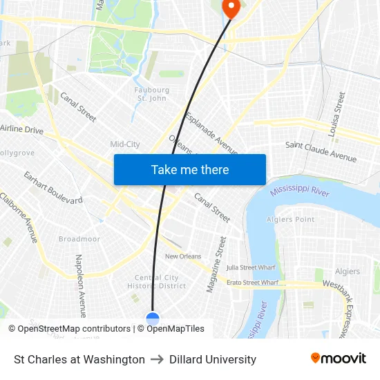 St Charles at Washington to Dillard University map