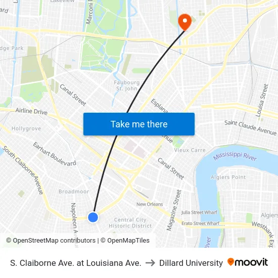 S. Claiborne Ave. at Louisiana Ave. to Dillard University map