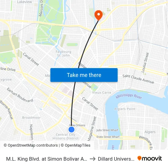 M.L. King Blvd. at Simon Bolivar Ave. to Dillard University map