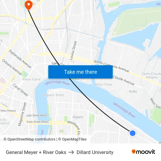 General Meyer + River Oaks to Dillard University map