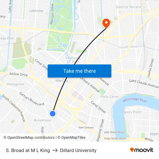 S. Broad at M L King to Dillard University map