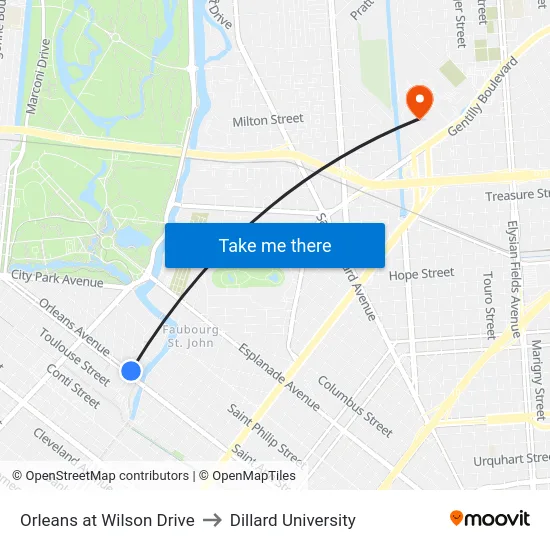 Orleans at Wilson Drive to Dillard University map