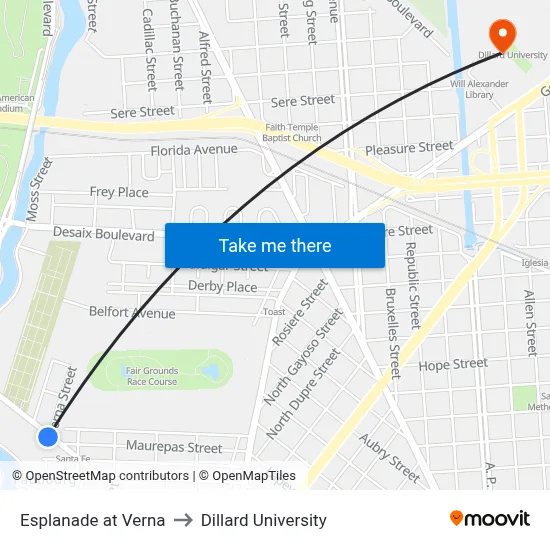 Esplanade at Verna to Dillard University map