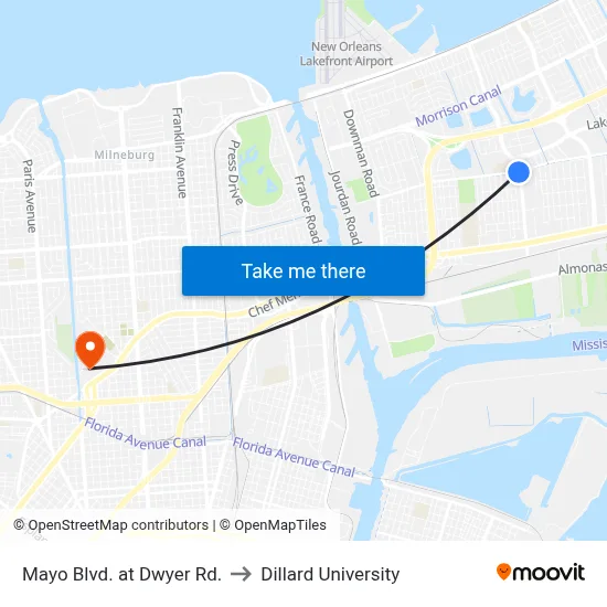 Mayo Blvd. at Dwyer Rd. to Dillard University map
