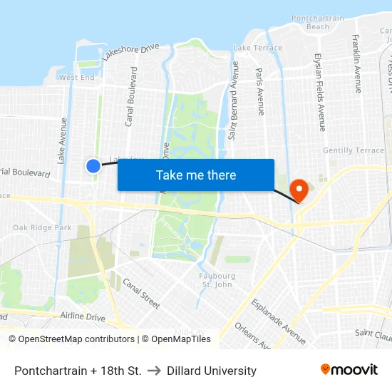Pontchartrain + 18th St. to Dillard University map