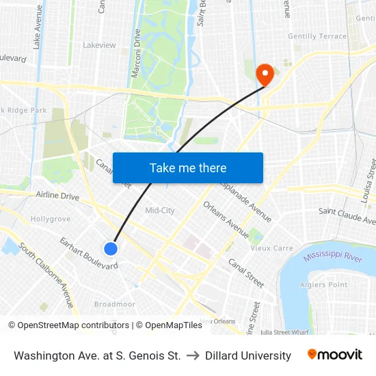Washington Ave. at S. Genois St. to Dillard University map