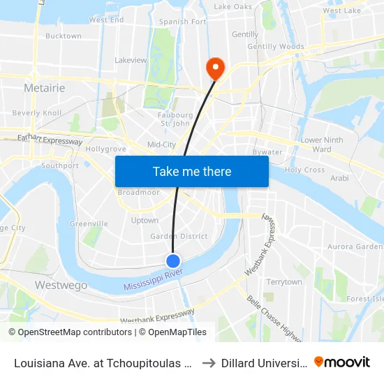 Louisiana Ave. at Tchoupitoulas St. to Dillard University map