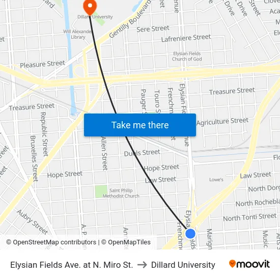 Elysian Fields Ave. at N. Miro St. to Dillard University map