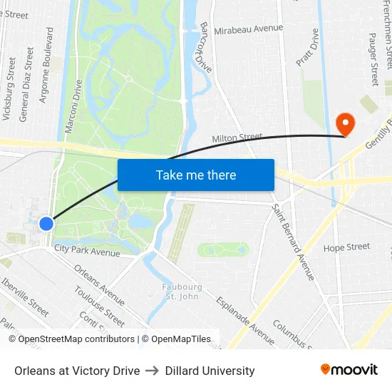 Orleans at Victory Drive to Dillard University map