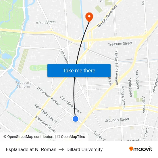 Esplanade at N. Roman to Dillard University map