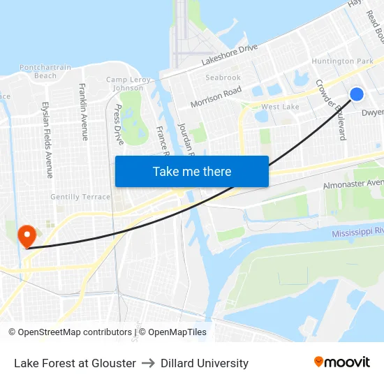 Lake Forest at Glouster to Dillard University map