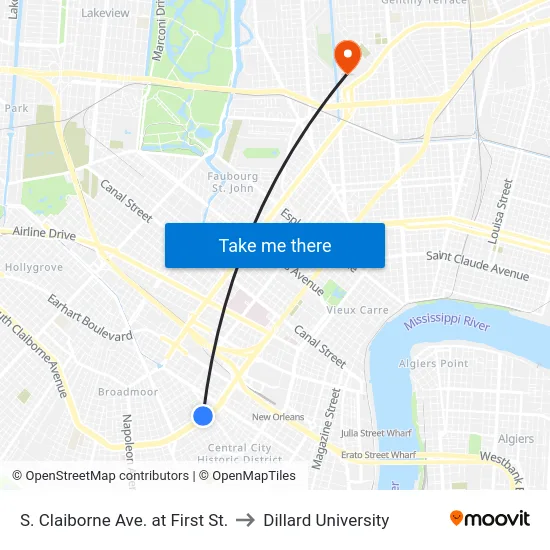 S. Claiborne Ave. at First St. to Dillard University map