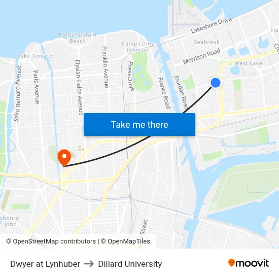 Dwyer at Lynhuber to Dillard University map