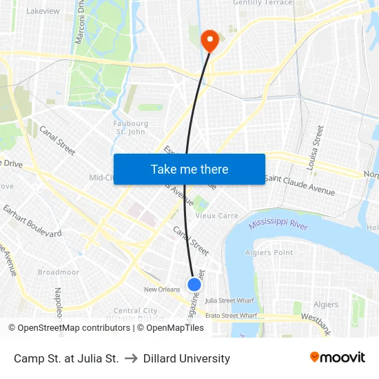 Camp St. at Julia St. to Dillard University map