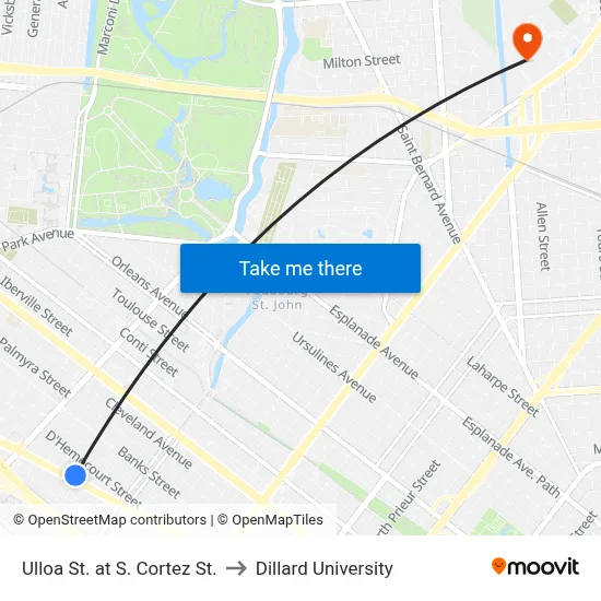 Ulloa St. at S. Cortez St. to Dillard University map