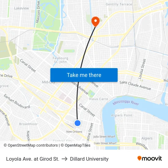 Loyola Ave. at Girod St. to Dillard University map
