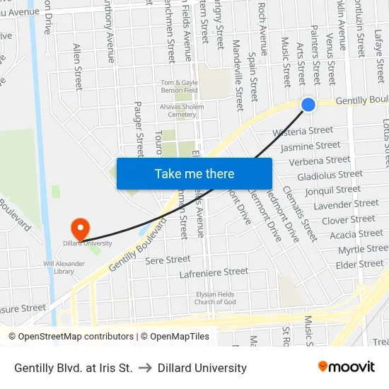 Gentilly Blvd. at Iris St. to Dillard University map