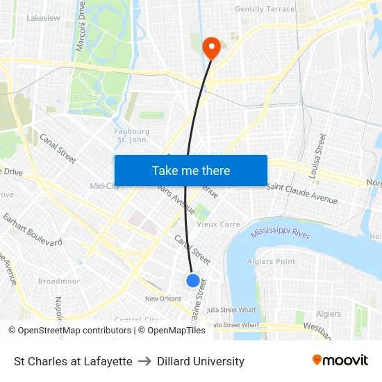 St Charles at Lafayette to Dillard University map