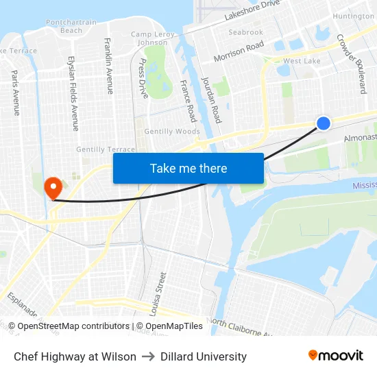 Chef Highway at Wilson to Dillard University map