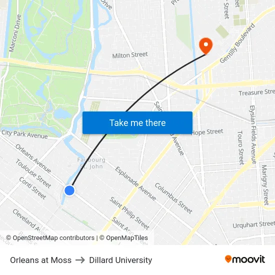 Orleans at Moss to Dillard University map