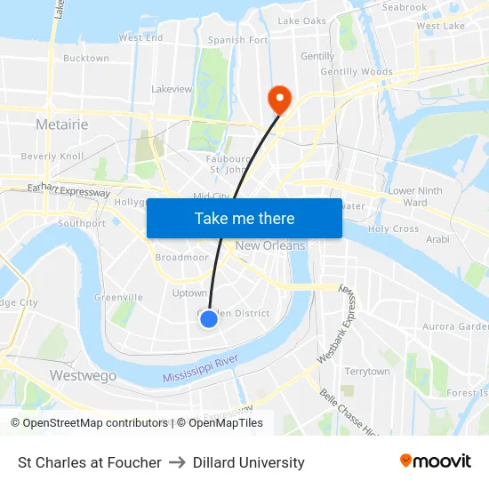 St Charles at Foucher to Dillard University map