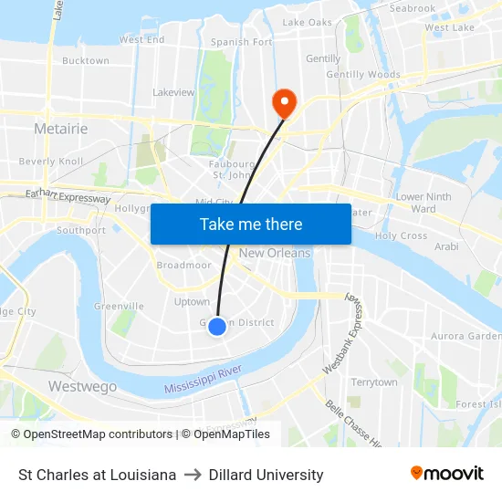 St Charles at Louisiana to Dillard University map