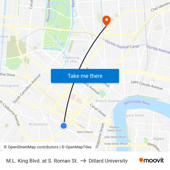 M.L. King Blvd. at S. Roman St. to Dillard University map