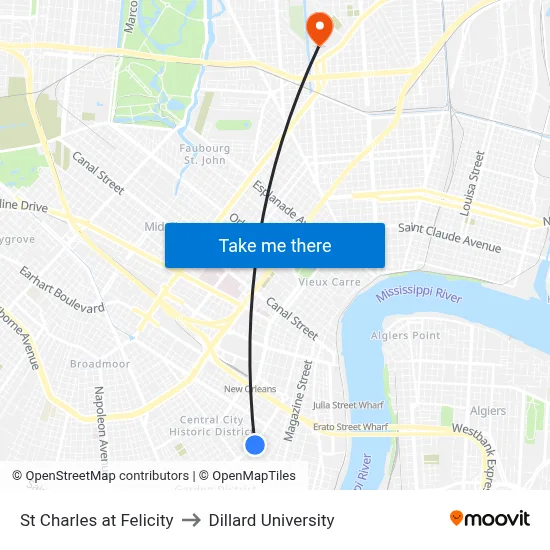 St Charles at Felicity to Dillard University map