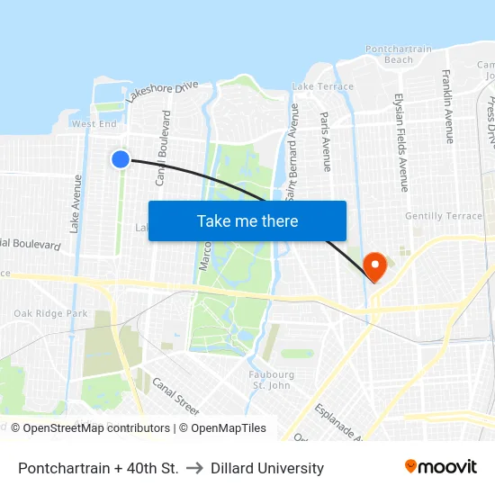 Pontchartrain + 40th St. to Dillard University map